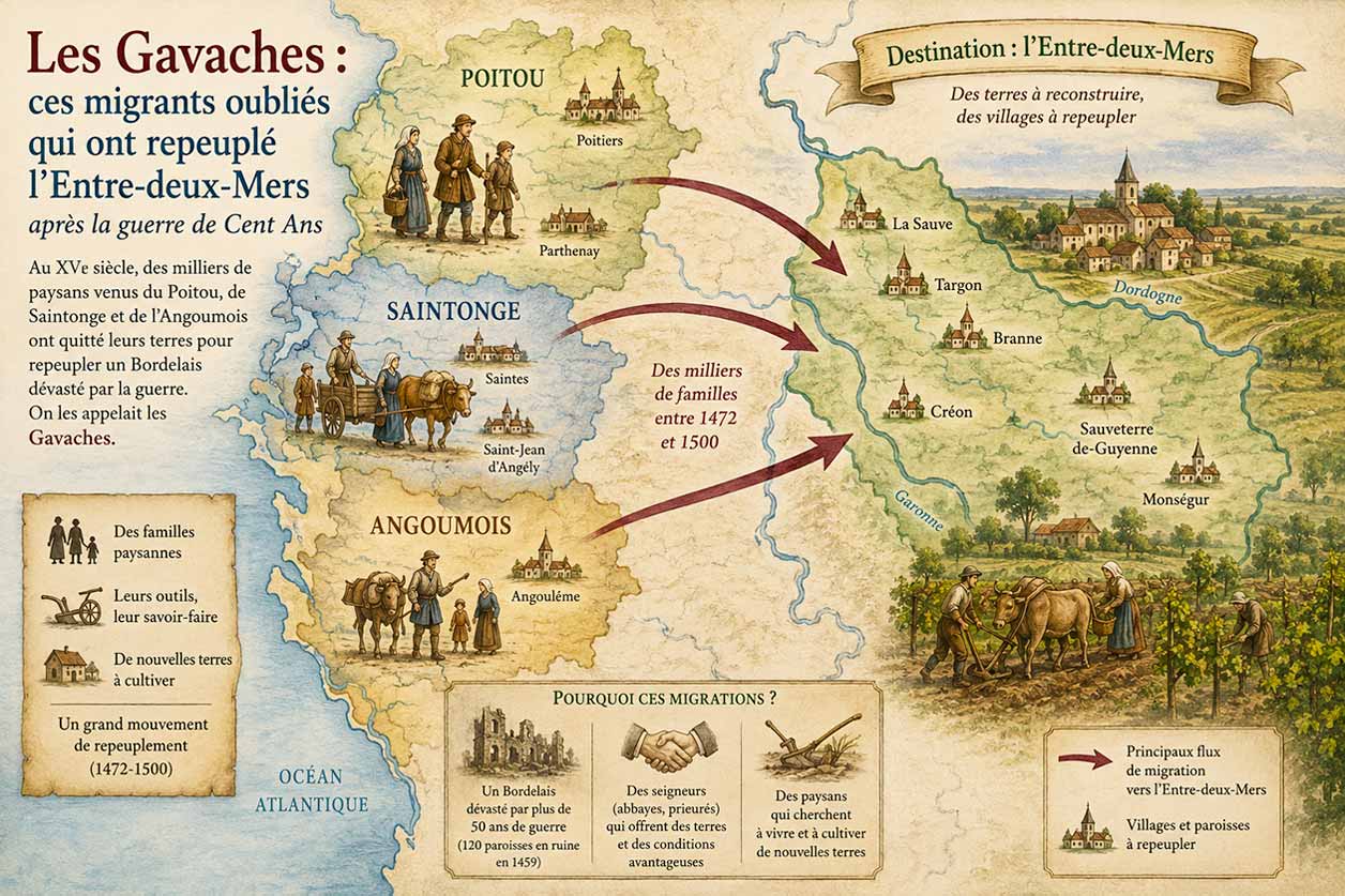 Carte des migrations gavaches : du Poitou, de la Saintonge et de l'Angoumois vers l'Entre-deux-Mers entre 1472 et 1500