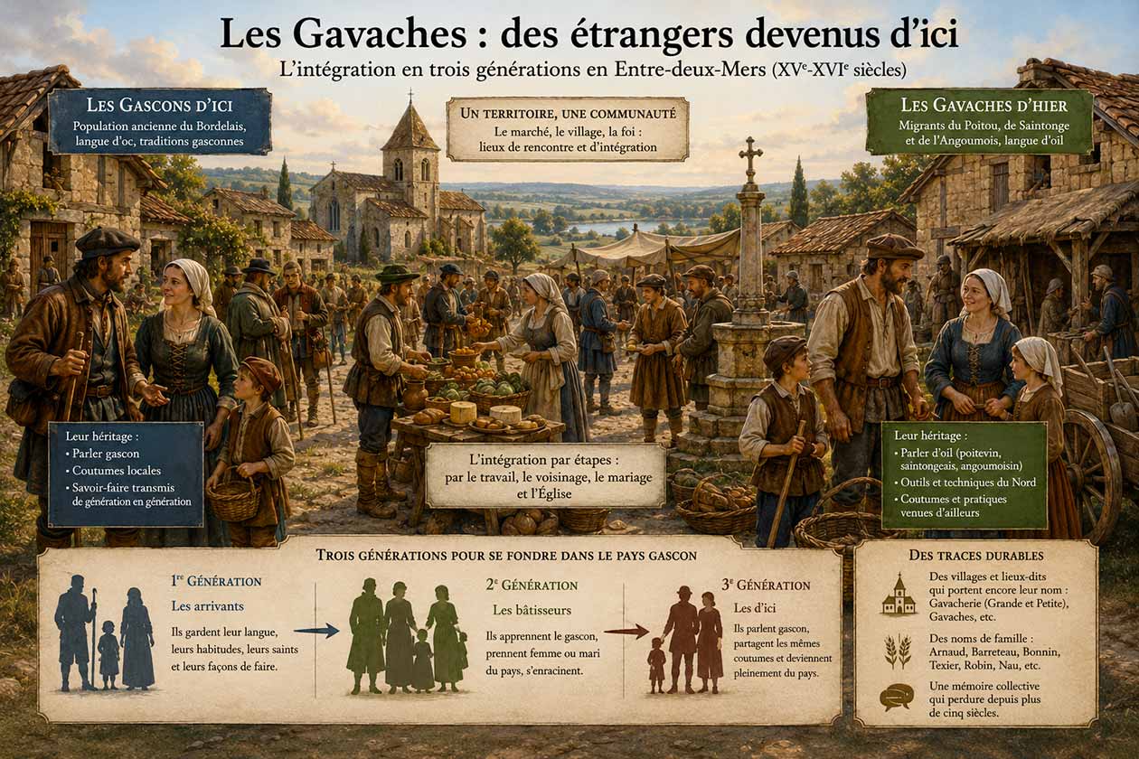 Les Gavaches, des étrangers devenus d'ici : l'intégration en trois générations en Entre-deux-Mers aux XVe et XVIe siècles