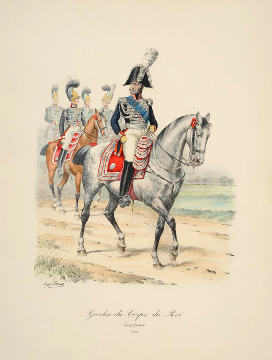 Capitaine des Gardes du Corps du Roi à cheval en 1820, lithographie d'Eugène Titeux